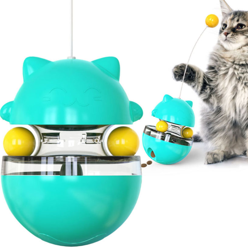 Cat Slow Feeder Toy - Funny Tumbler Style, IQ Traning Interactive Treat Toy  with Dual Rolling Balls and Detachable Wand 